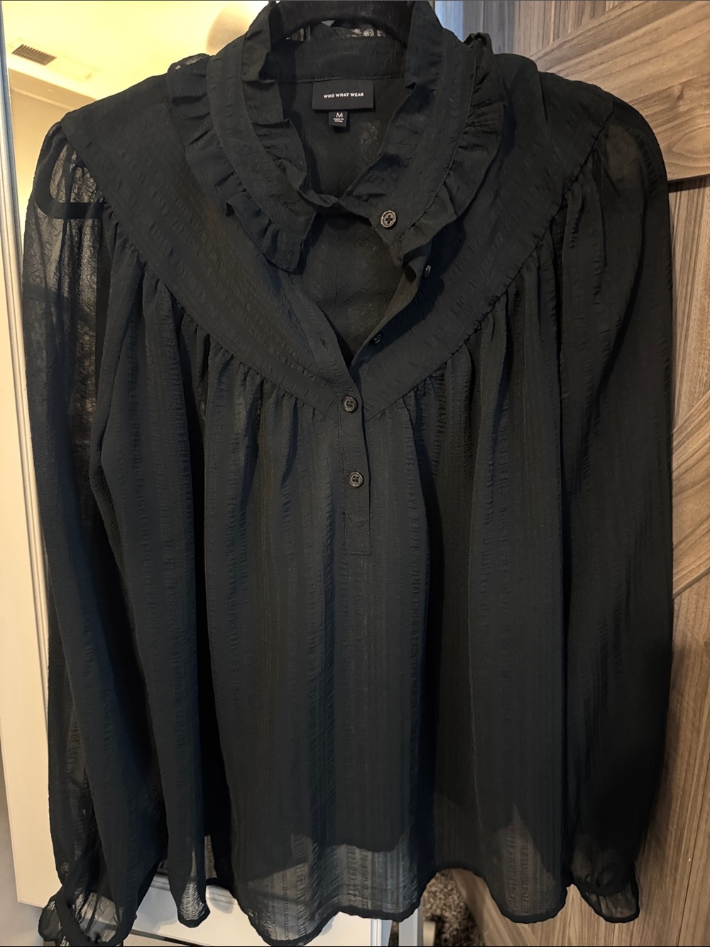 Who What Wear Black Sheer Ruffle Collar Blouse Size M Long Sleeve